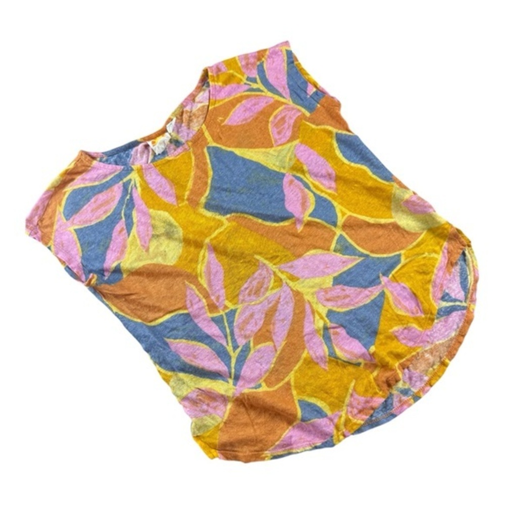 C&C California 100% Linen Tropical Leaf Print Resort Top Yellow Pink Blue Medium